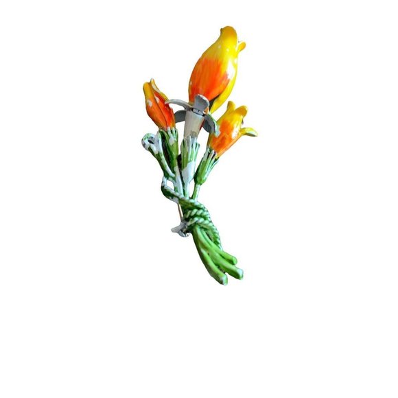 Vintage Yellow Orange Tulip Bouquet Brooch Enamaled Paint 1.5" - Picture 3 of 7